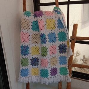 Granny Square Lap Blanket Vintage Handmade Crochet Vintage  Blue Pink 70's